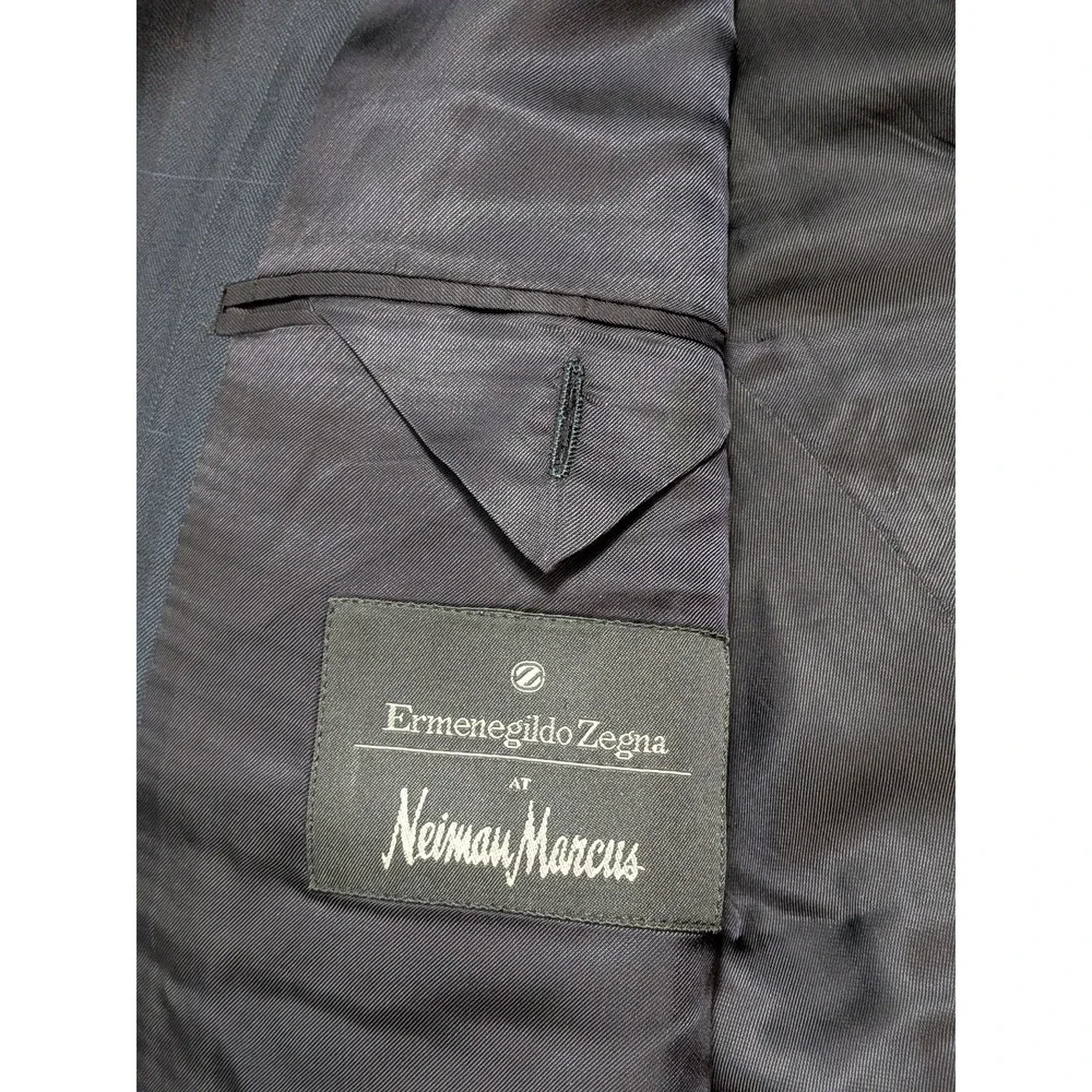 Ermenegildo Zegna Men's Blazer 48L Navy Wool Windowpane 3-Button Made in Italy